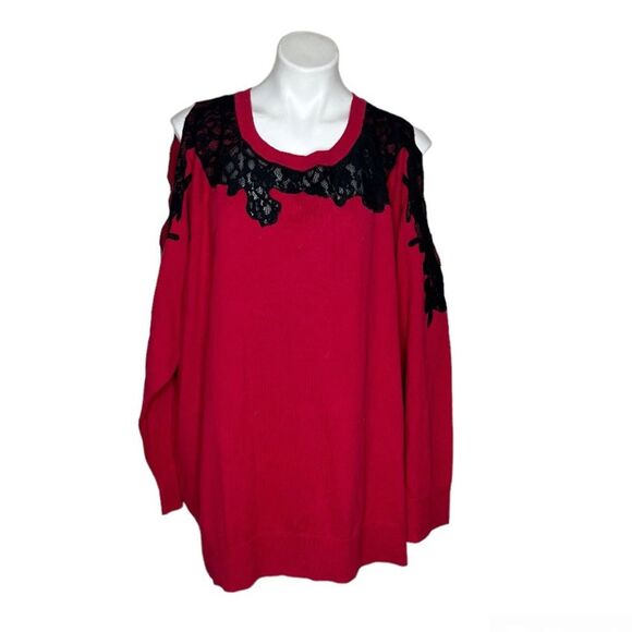 TORRID Top Red Cotton Knit Black Lace Pullover Cold Shoulder Plus Size 5 5X NEW - Picture 1 of 10